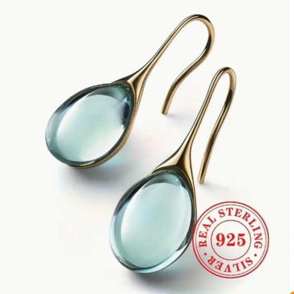 Moonstone Jewelry - Sea Blue Dangling Earrings Gold Wire NEW